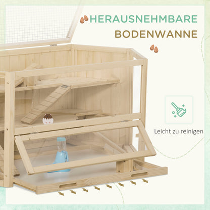 Hamster Cage made of Wood 3 Levels Terrarium Rodent Cage Small Animal Cage with Folding Lid Viewing Window Ramp Feeding Bowl Accessories, Small Animal House Wooden Cage Cage for Hamster 115x60x55cm Natural Wood