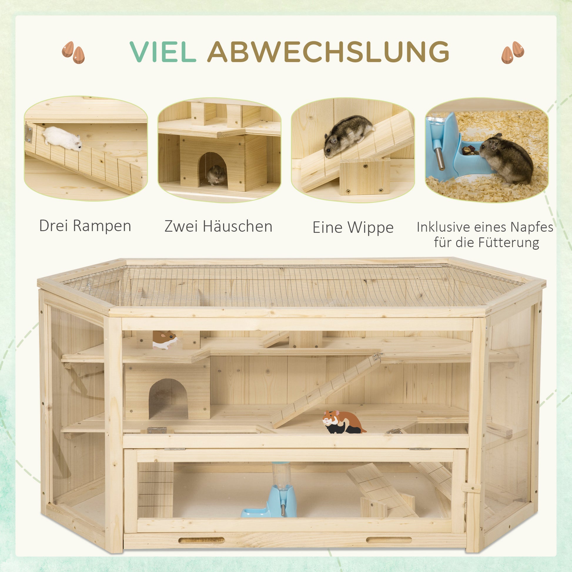 Hamster Cage made of Wood 3 Levels Terrarium Rodent Cage Small Animal Cage with Folding Lid Viewing Window Ramp Feeding Bowl Accessories, Small Animal House Wooden Cage Cage for Hamster 115x60x55cm Natural Wood