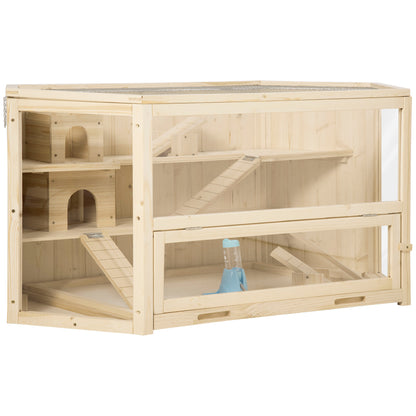 Hamster Cage made of Wood 3 Levels Terrarium Rodent Cage Small Animal Cage with Folding Lid Viewing Window Ramp Feeding Bowl Accessories, Small Animal House Wooden Cage Cage for Hamster 115x60x55cm Natural Wood