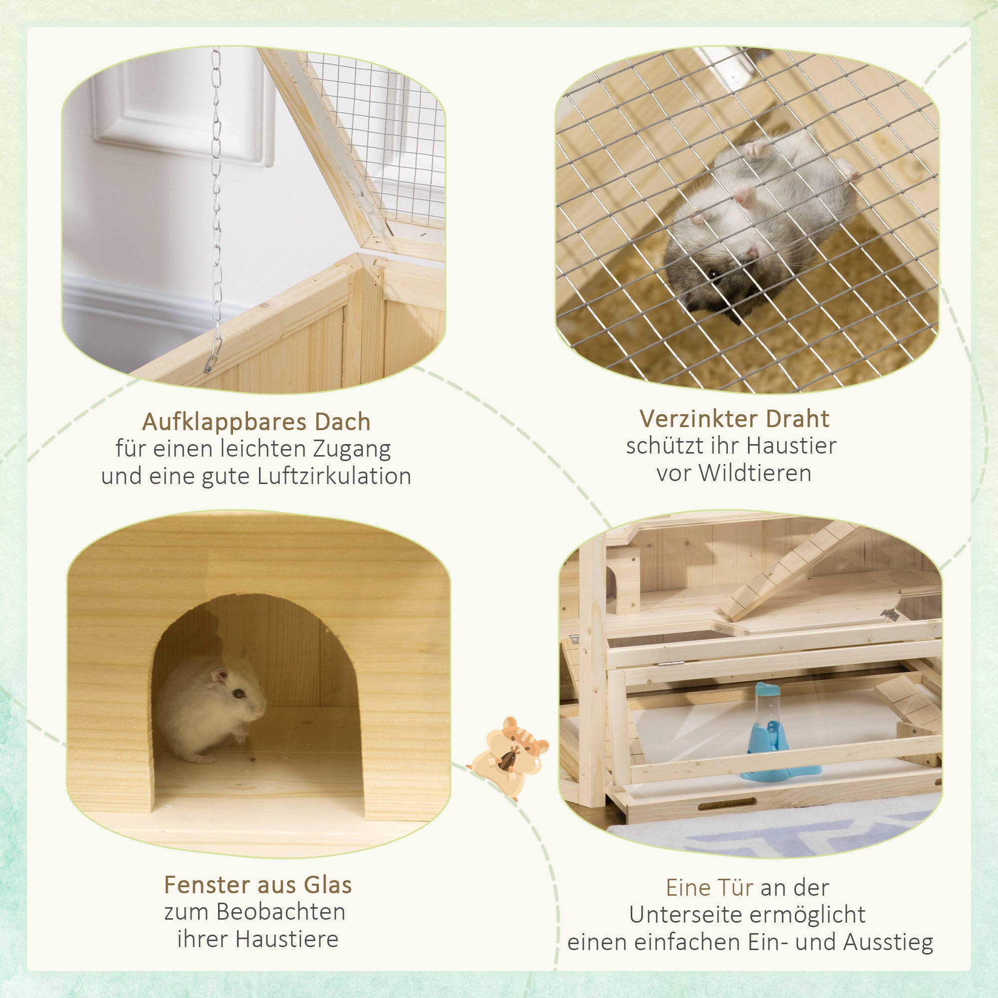 Hamster Cage made of Wood 3 Levels Terrarium Rodent Cage Small Animal Cage with Folding Lid Viewing Window Ramp Feeding Bowl Accessories, Small Animal House Wooden Cage Cage for Hamster 115x60x55cm Natural Wood