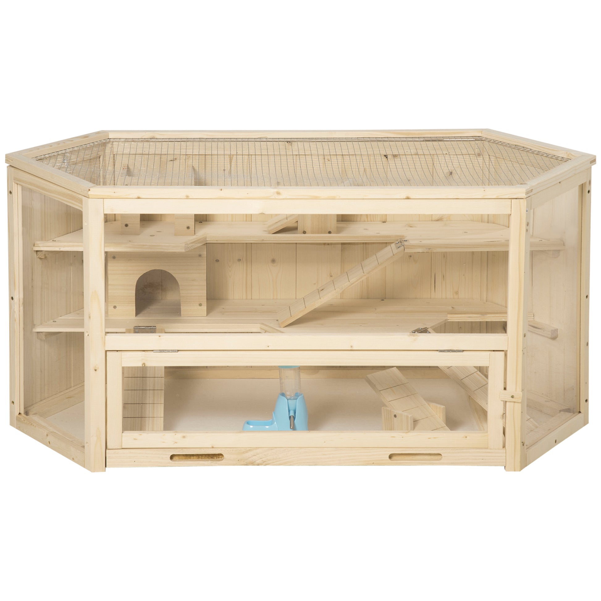 Hamster Cage made of Wood 3 Levels Terrarium Rodent Cage Small Animal Cage with Folding Lid Viewing Window Ramp Feeding Bowl Accessories, Small Animal House Wooden Cage Cage for Hamster 115x60x55cm Natural Wood