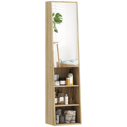 Bathroom Storage Cabinet Tall Trapezoidal Column Cabinet with Mirrored Door, 6-Tier Shelf, Bathroom Cabinet for Small Spaces, 40 x 30 x 165 cm, Natural Wood