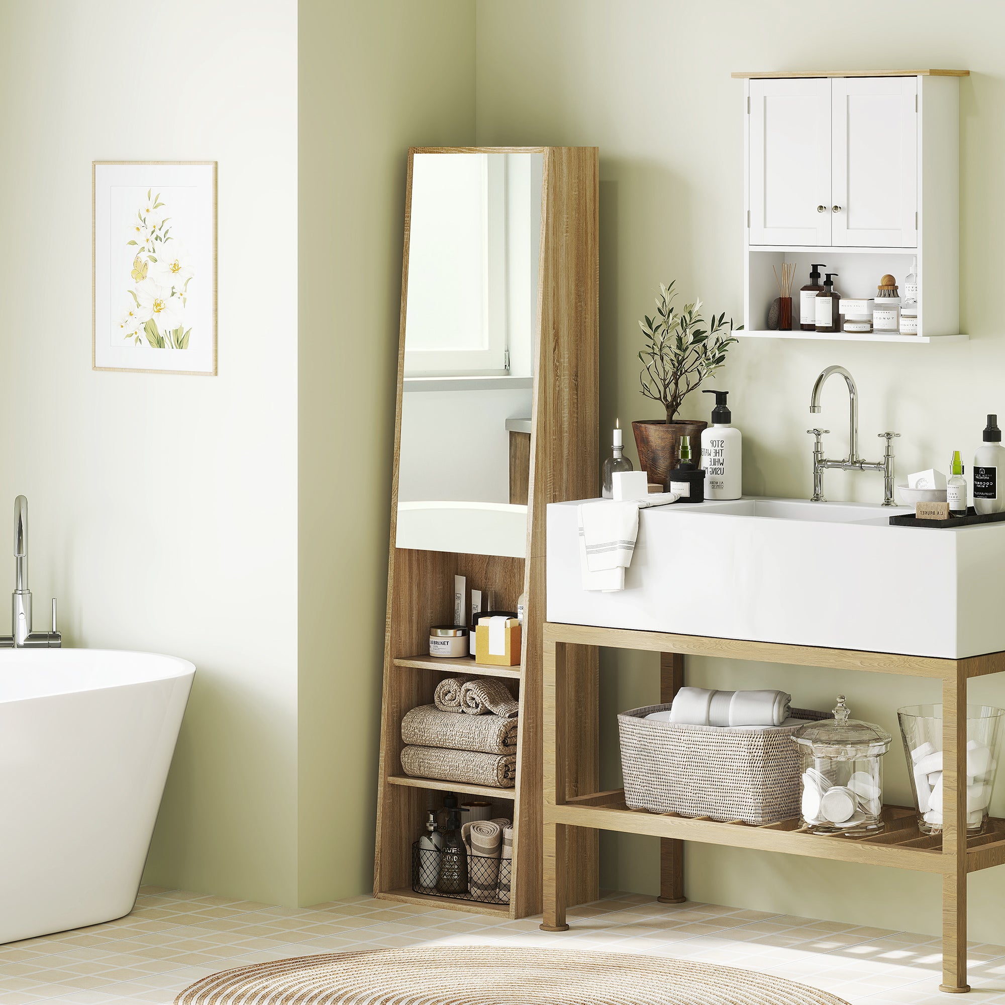 Bathroom Storage Cabinet Tall Trapezoidal Column Cabinet with Mirrored Door, 6-Tier Shelf, Bathroom Cabinet for Small Spaces, 40 x 30 x 165 cm, Natural Wood