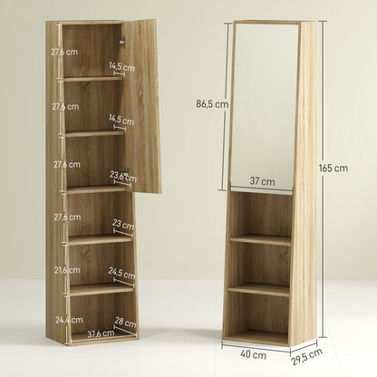 Bathroom Storage Cabinet Tall Trapezoidal Column Cabinet with Mirrored Door, 6-Tier Shelf, Bathroom Cabinet for Small Spaces, 40 x 30 x 165 cm, Natural Wood