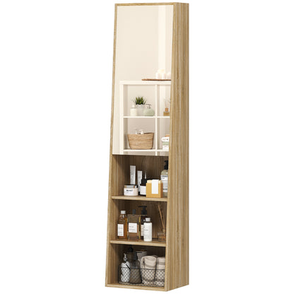 Bathroom Storage Cabinet Tall Trapezoidal Column Cabinet with Mirrored Door, 6-Tier Shelf, Bathroom Cabinet for Small Spaces, 40 x 30 x 165 cm, Natural Wood