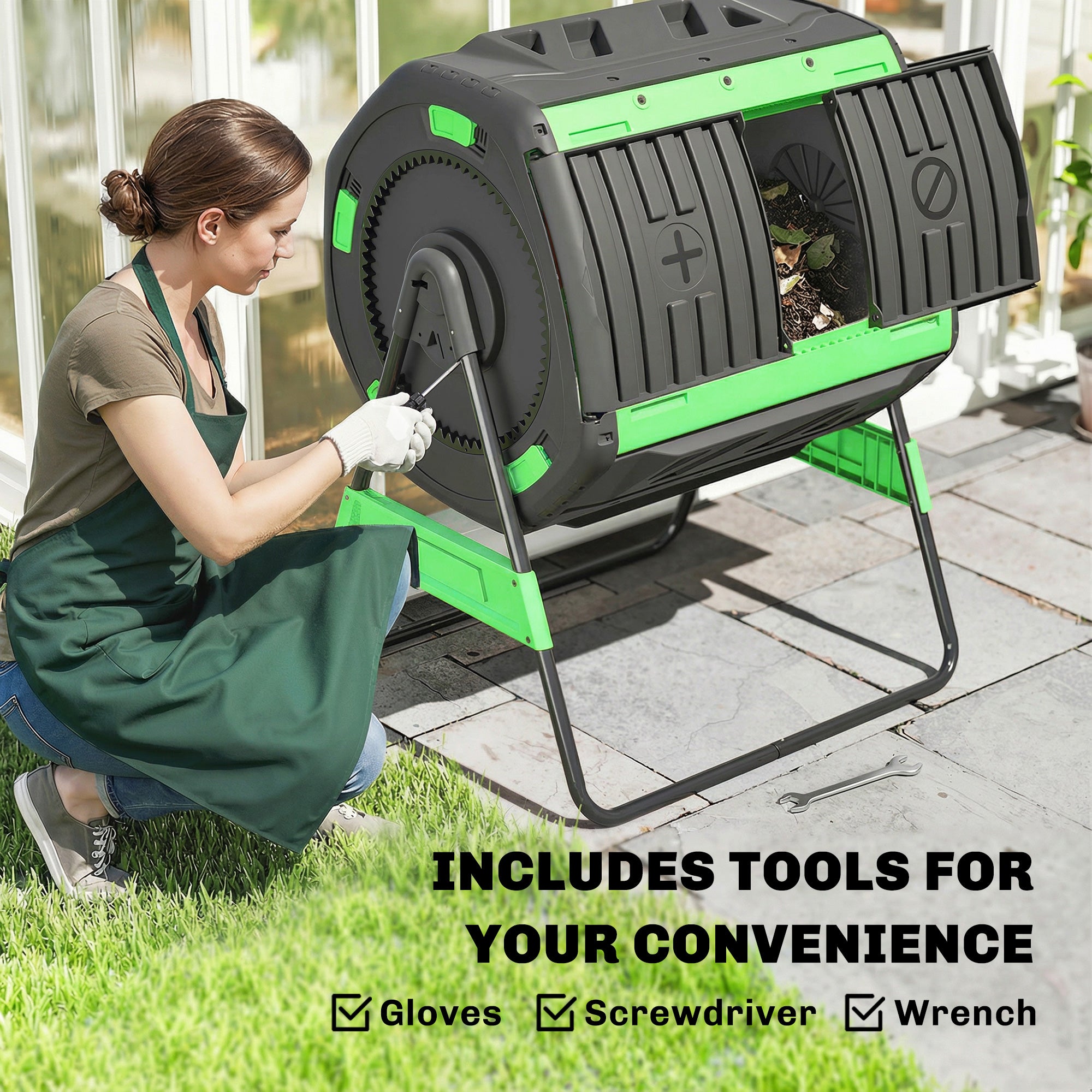 200 L (≈53 US gal) Compost Tumbler, 94 x 67 x 98 cm (37 x 26.4 x 38.6 in) – Fast Compost Bin with Ventilation Holes & Sliding Door, Weather-Resistant Plastic