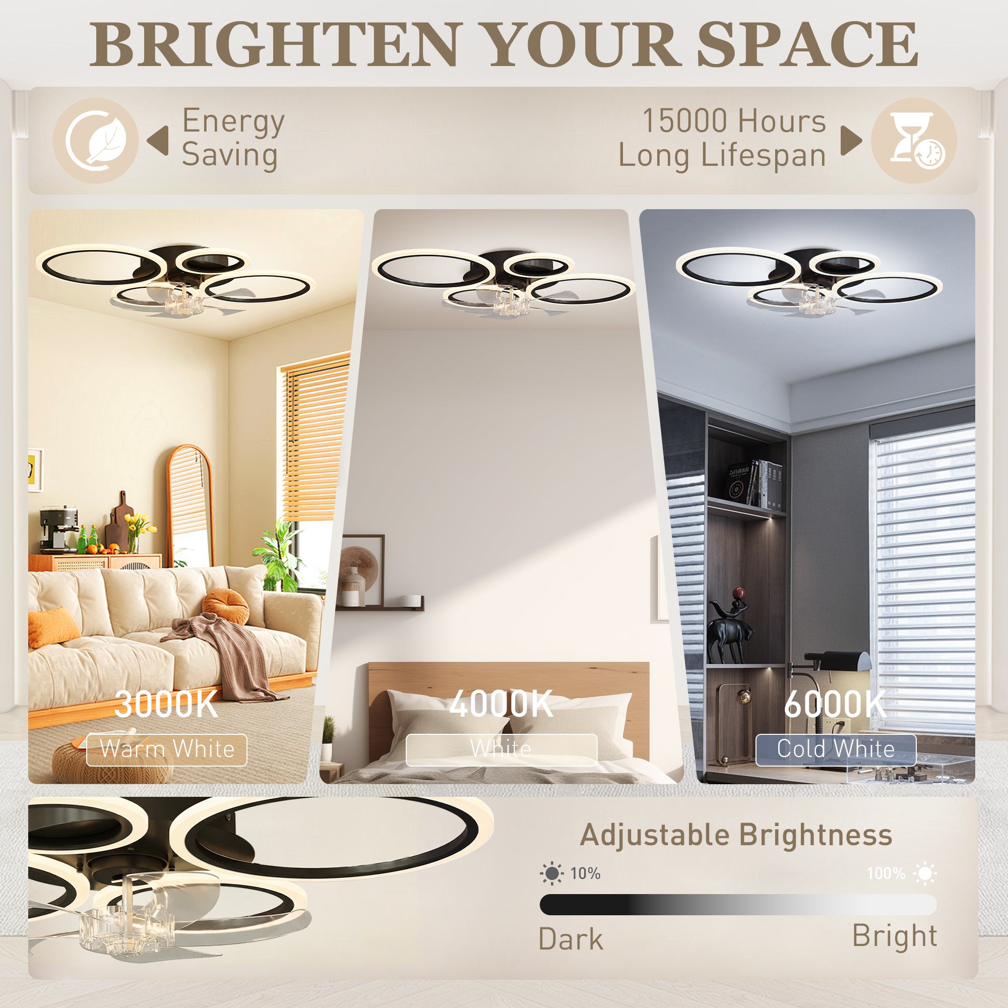LED Ceiling Fan Light, Quiet 30" (77 cm) with Remote — 6 Speeds, 3 Color Temperatures, DC Motor, Timer — Black