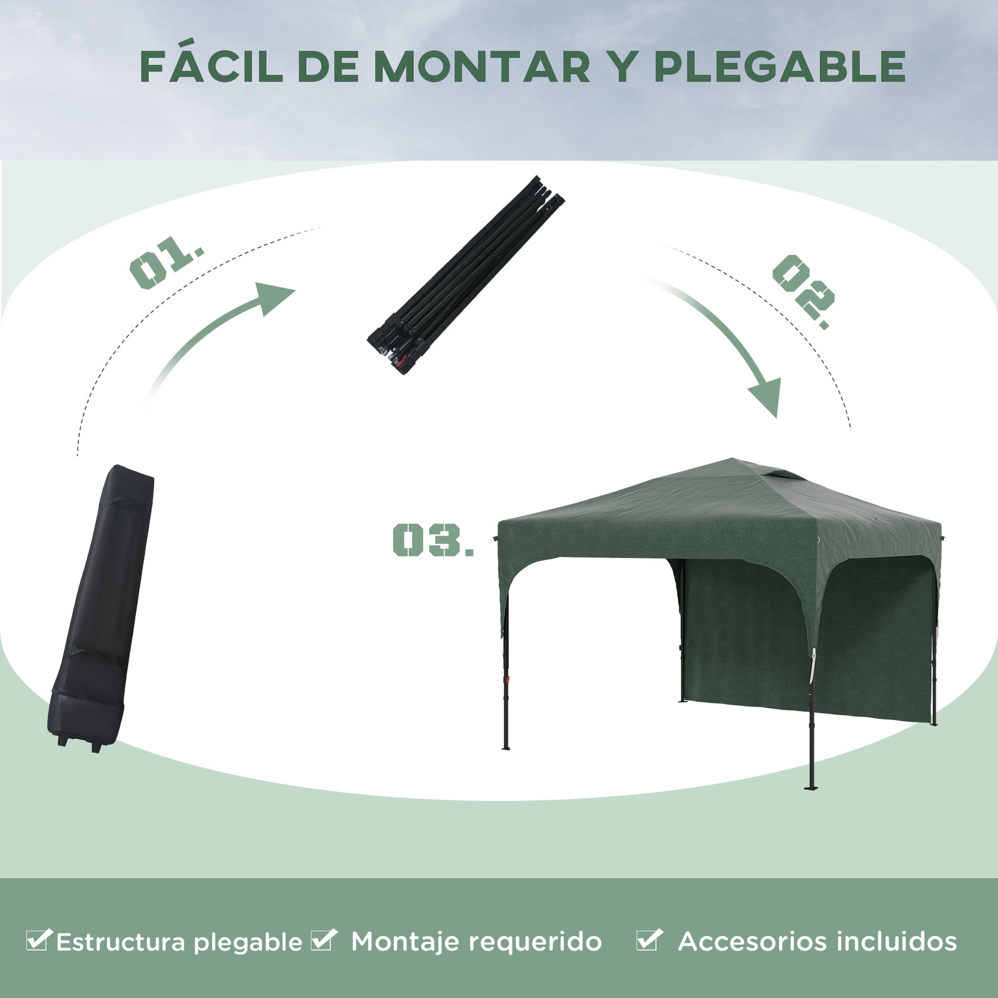Foldable Gazebo 9.84x9.84 ft Garden Canopy with Adjustable Height 1 Side Wall Waterproof 4 Sand Bags and Carrying Bag Gazebo for Outdoor Patio Parties Green