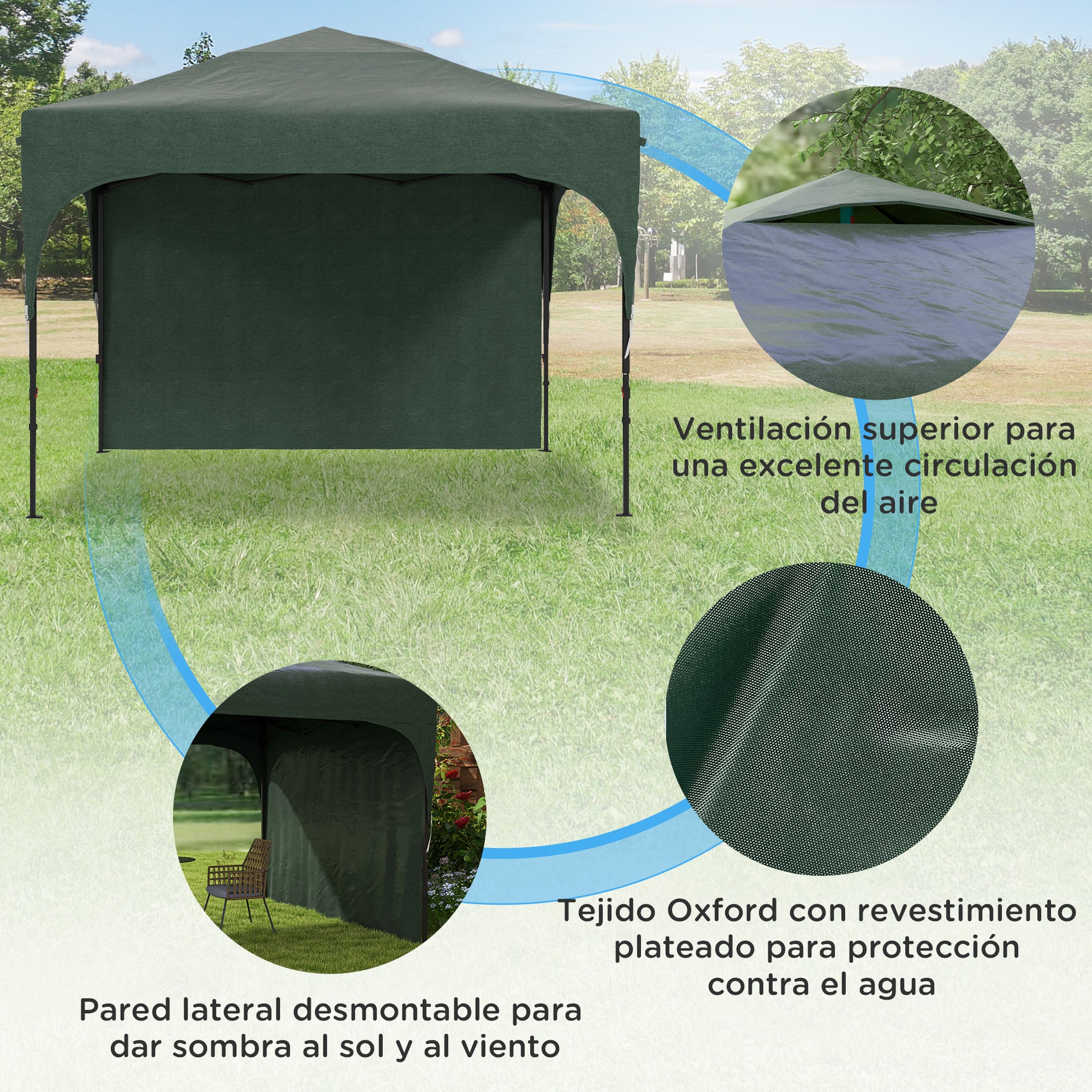 Foldable Gazebo 9.84x9.84 ft Garden Canopy with Adjustable Height 1 Side Wall Waterproof 4 Sand Bags and Carrying Bag Gazebo for Outdoor Patio Parties Green