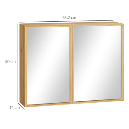 Mirror Cabinet, Wall Cabinet with 3 Interior Shelves, Bathroom Mirror Cabinet with Double Doors, Hanging Cabinet for Bathroom, Bedroom, Bamboo, Natural, 65.2 x 14 x 50 cm