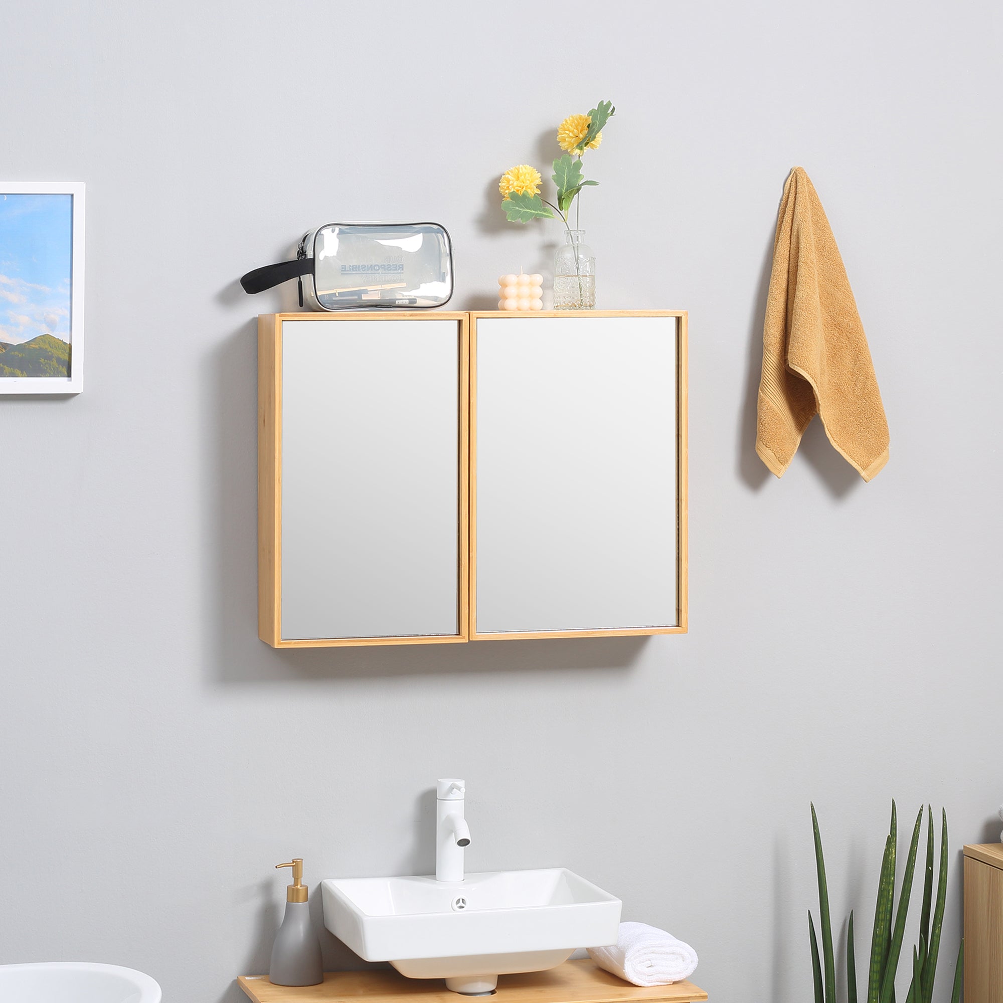 Mirror Cabinet, Wall Cabinet with 3 Interior Shelves, Bathroom Mirror Cabinet with Double Doors, Hanging Cabinet for Bathroom, Bedroom, Bamboo, Natural, 65.2 x 14 x 50 cm