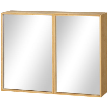 Mirror Cabinet, Wall Cabinet with 3 Interior Shelves, Bathroom Mirror Cabinet with Double Doors, Hanging Cabinet for Bathroom, Bedroom, Bamboo, Natural, 65.2 x 14 x 50 cm