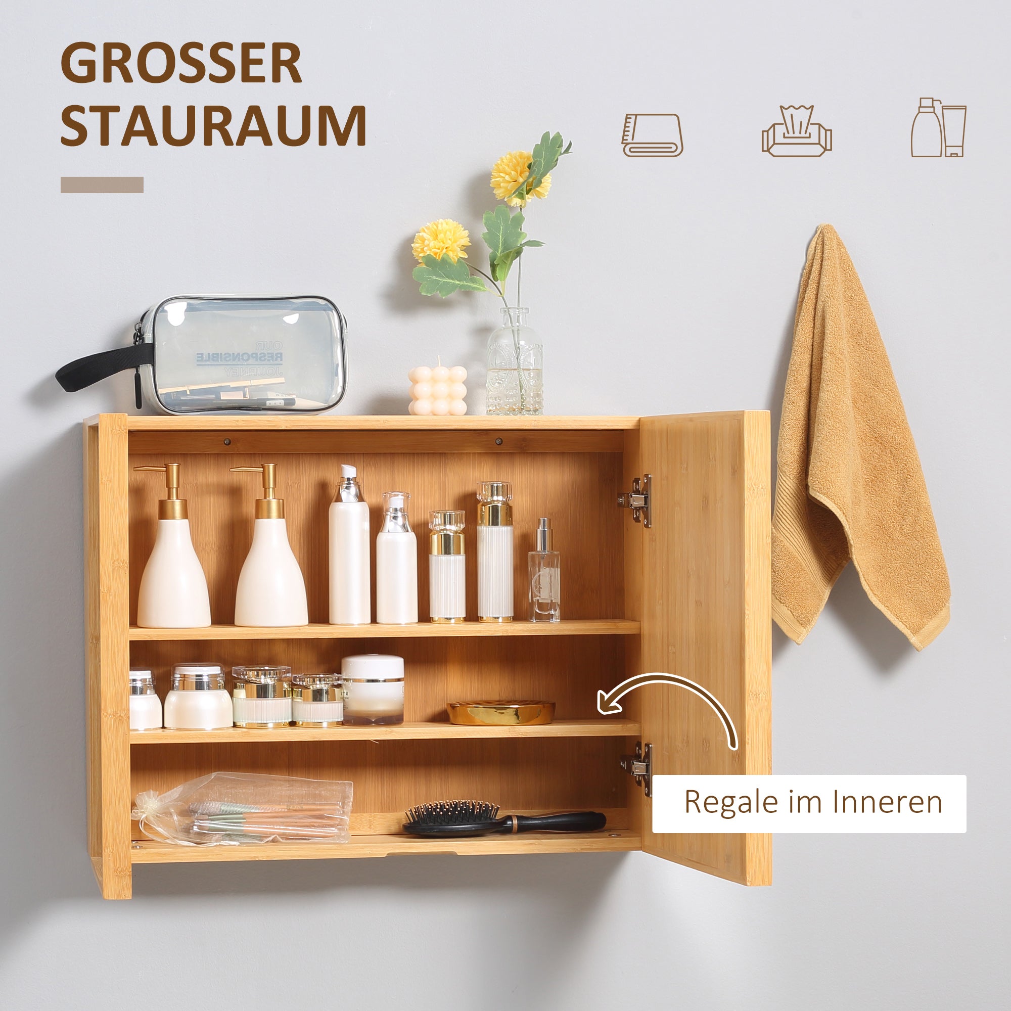Mirror Cabinet, Wall Cabinet with 3 Interior Shelves, Bathroom Mirror Cabinet with Double Doors, Hanging Cabinet for Bathroom, Bedroom, Bamboo, Natural, 65.2 x 14 x 50 cm