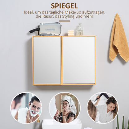 Mirror Cabinet, Wall Cabinet with 3 Interior Shelves, Bathroom Mirror Cabinet with Double Doors, Hanging Cabinet for Bathroom, Bedroom, Bamboo, Natural, 65.2 x 14 x 50 cm