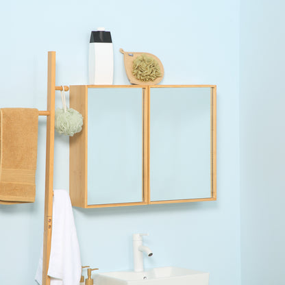 Mirror Cabinet, Wall Cabinet with 3 Interior Shelves, Bathroom Mirror Cabinet with Double Doors, Hanging Cabinet for Bathroom, Bedroom, Bamboo, Natural, 65.2 x 14 x 50 cm