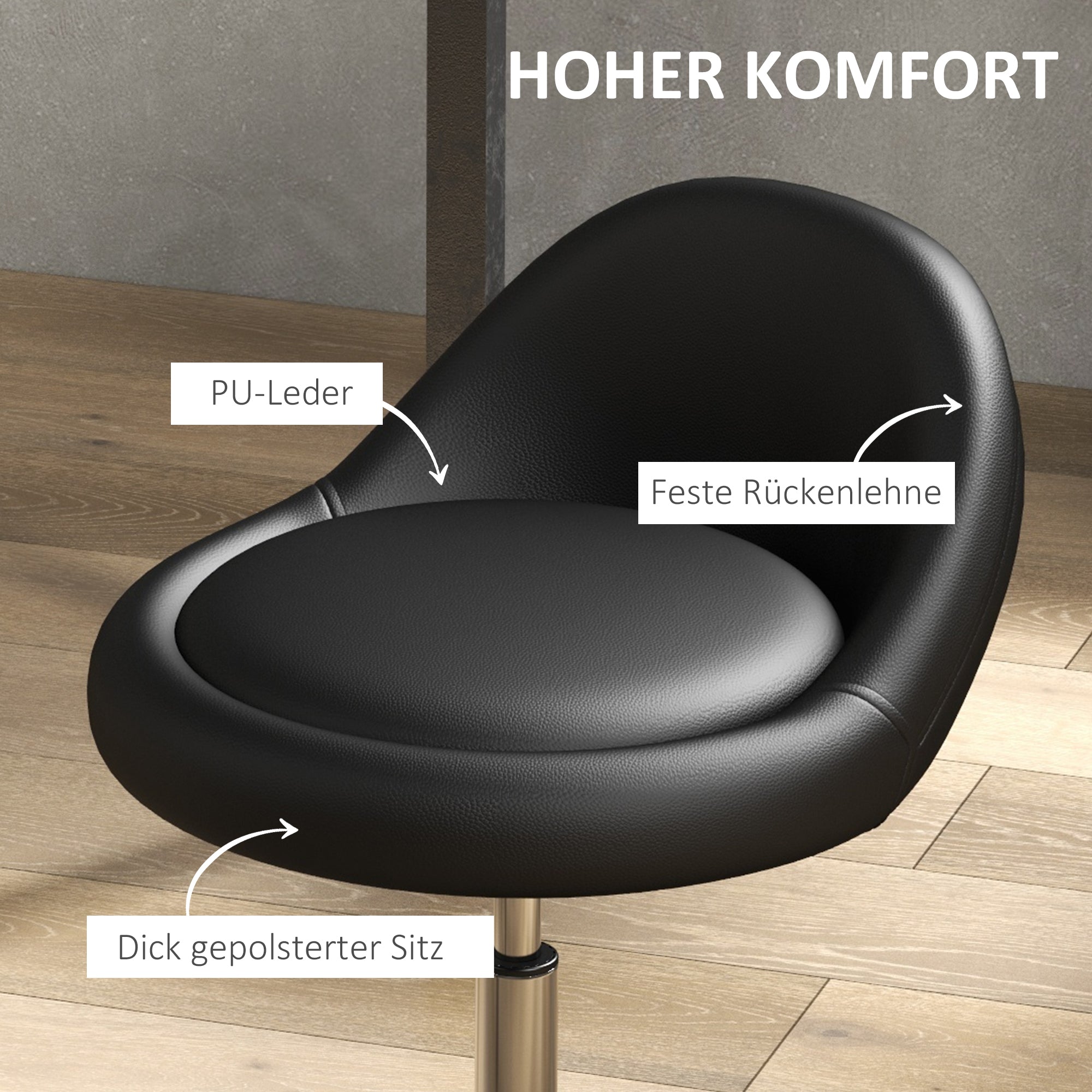 Rolling Stool Height Adjustable Work Stool 63-83 cm Swivel Stool with Wheels Rotatable Salon Chair Salon Stool Faux Leather Black