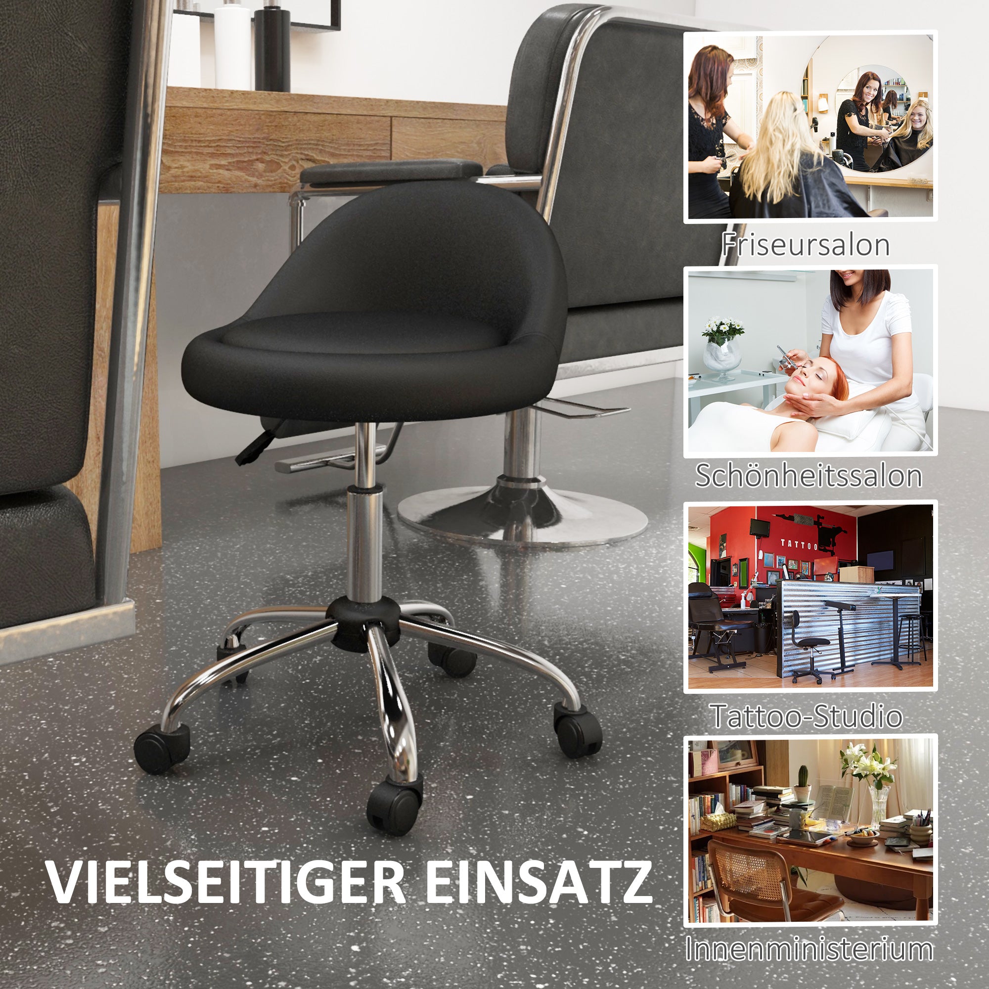 Rolling Stool Height Adjustable Work Stool 63-83 cm Swivel Stool with Wheels Rotatable Salon Chair Salon Stool Faux Leather Black