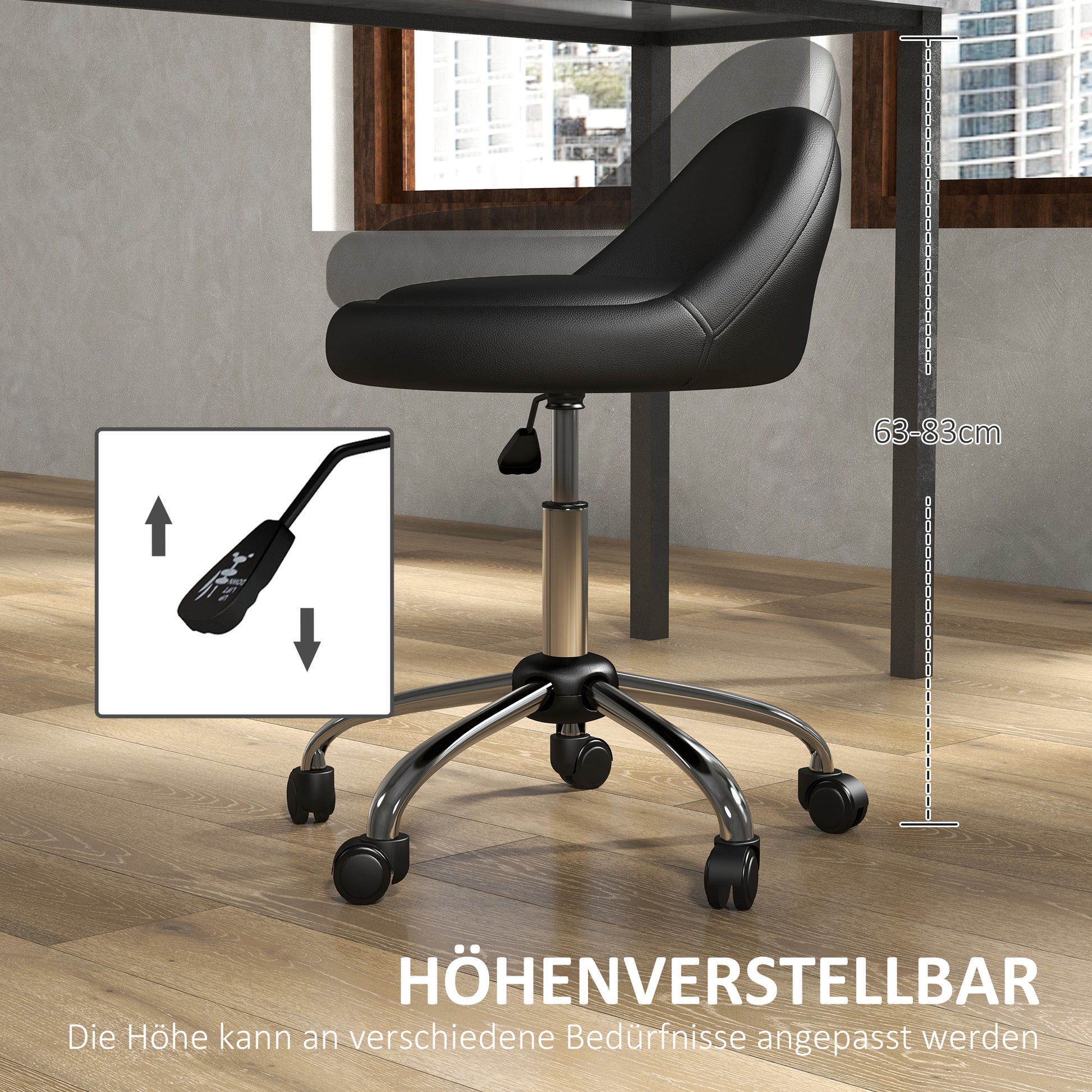 Rolling Stool Height Adjustable Work Stool 63-83 cm Swivel Stool with Wheels Rotatable Salon Chair Salon Stool Faux Leather Black