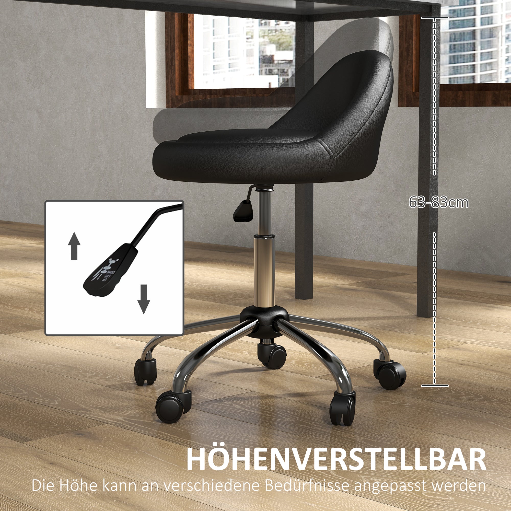 Rolling Stool Height Adjustable Work Stool 63-83 cm Swivel Stool with Wheels Rotatable Salon Chair Salon Stool Faux Leather Black