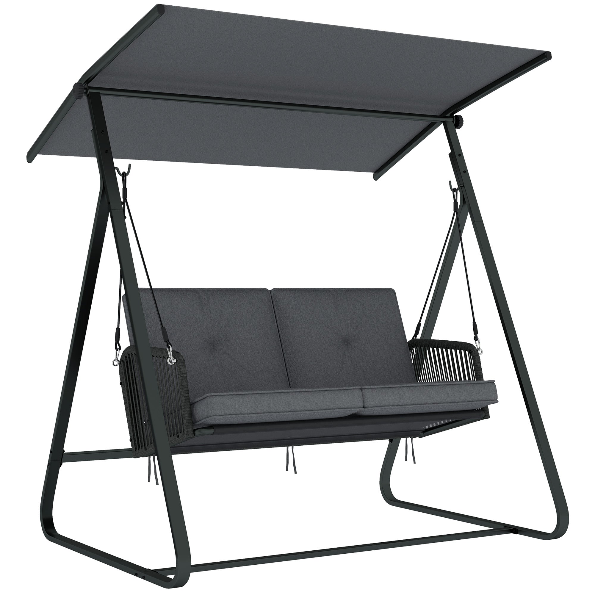 2‑Seater Rattan Hollywood Swing with Adjustable Sun Canopy and Soft Cushions, A‑Frame — Holds up to 240 kg (529 lb) — 150 x 128 x 168 cm / 59 x 50 x 66 in — Dark Gray