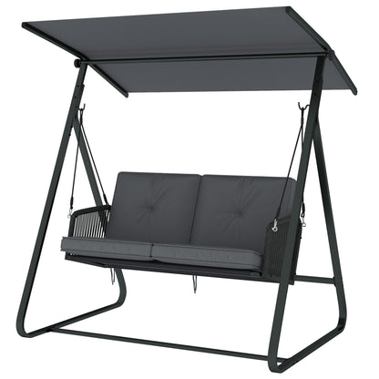 2‑Seater Rattan Hollywood Swing with Adjustable Sun Canopy and Soft Cushions, A‑Frame — Holds up to 240 kg (529 lb) — 150 x 128 x 168 cm / 59 x 50 x 66 in — Dark Gray