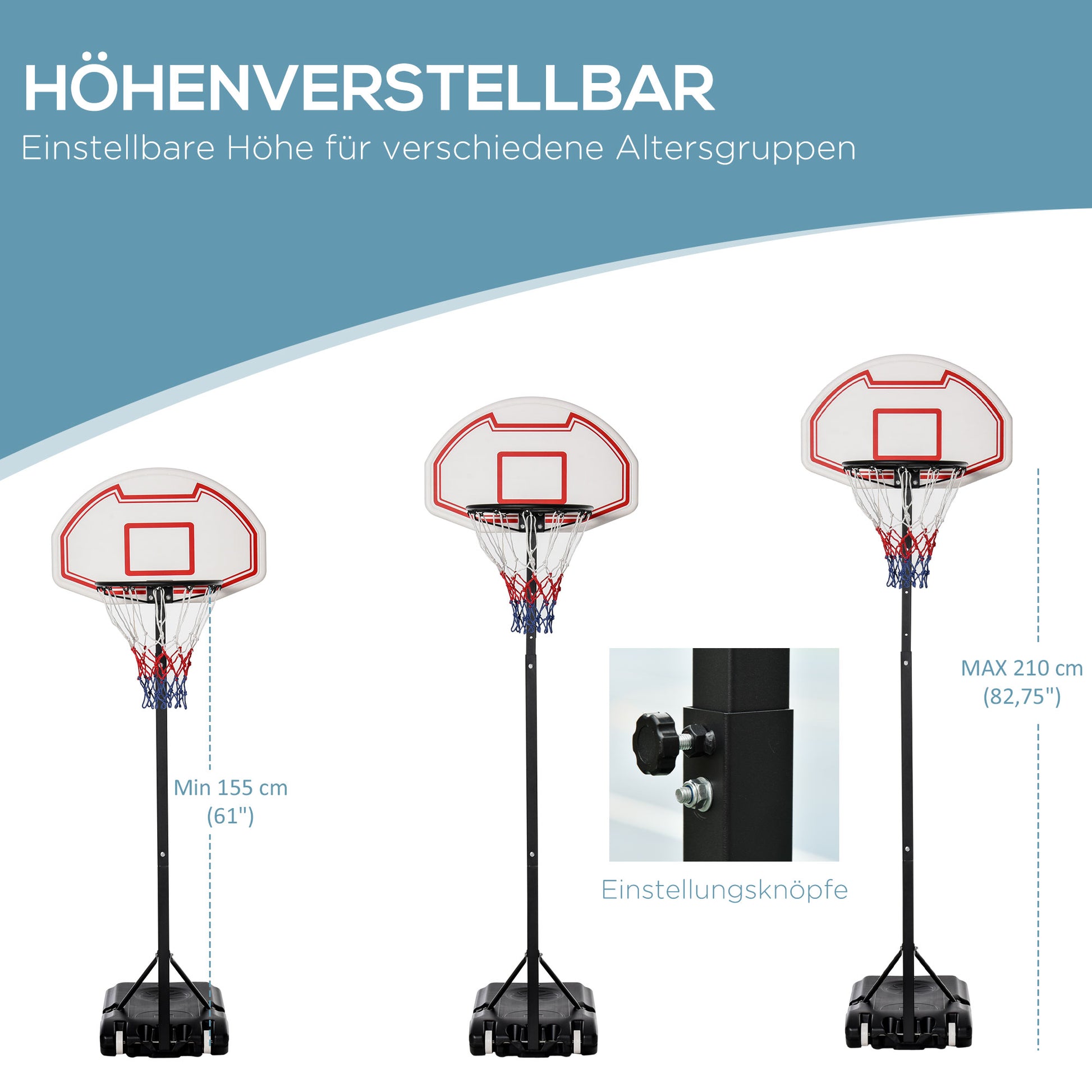 Portable Basketball Hoop Outdoor with Wheels, Adjustable Height 155-210 cm, Portable Basketball Stand with Wheels, Portable Basketball Hoop PE + Steel