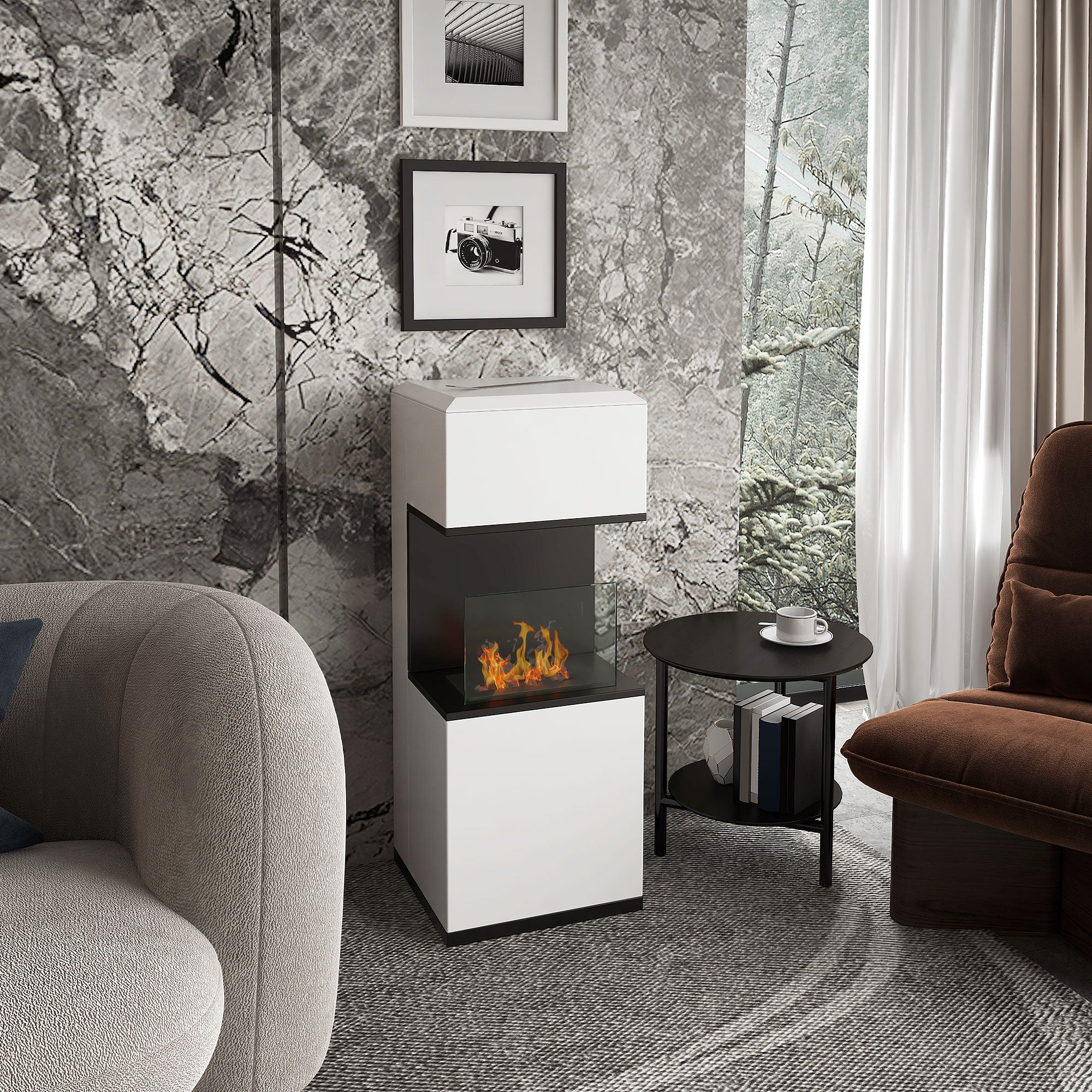 Freestanding Bioethanol Fireplace with 1.2L Burner, about 3H of burning time coverage 20 to 25 m² in steel 38L x 38W x 100H cm, white