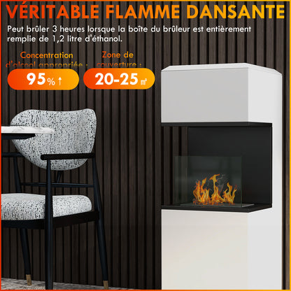 Freestanding Bioethanol Fireplace with 1.2L Burner, about 3H of burning time coverage 20 to 25 m² in steel 38L x 38W x 100H cm, white