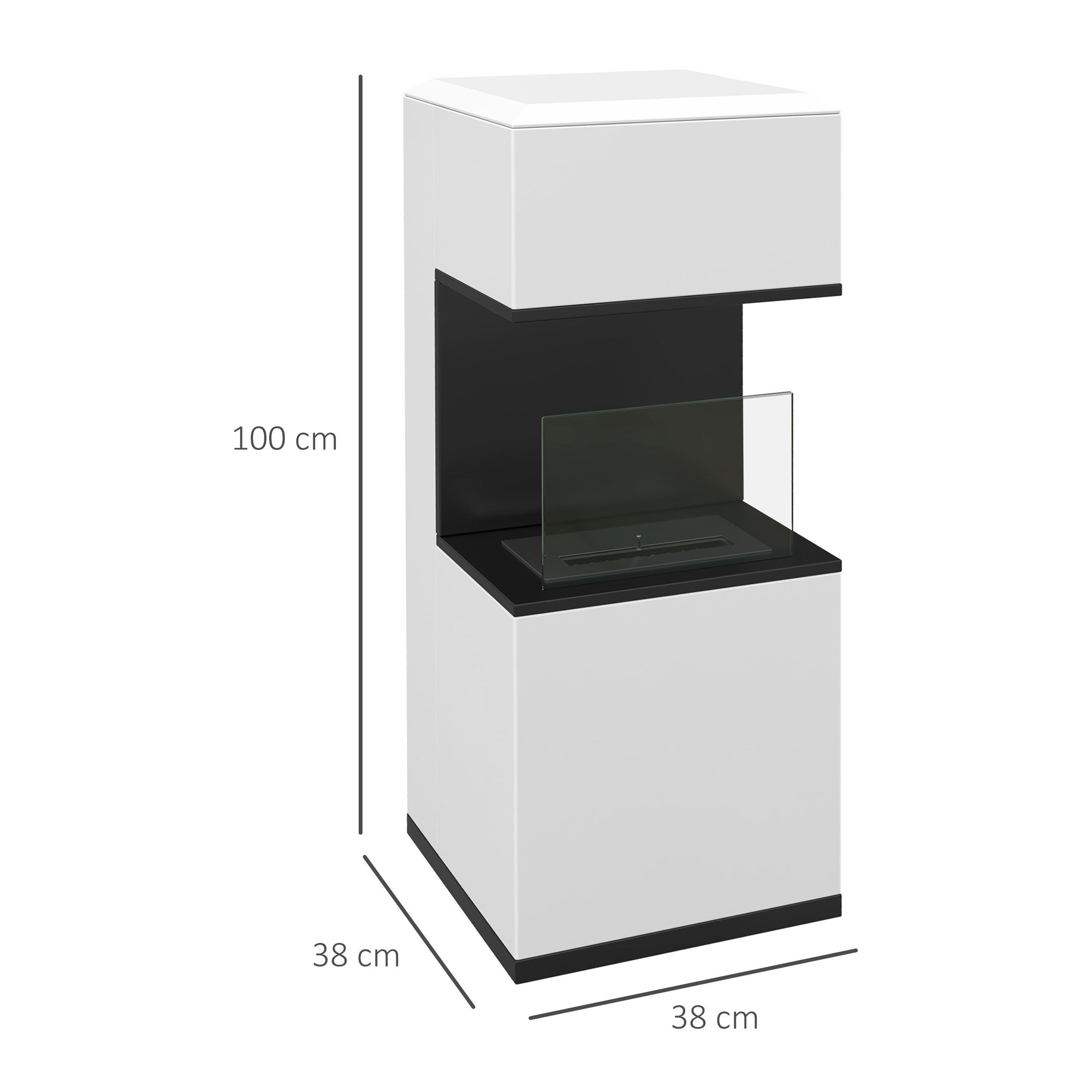 Freestanding Bioethanol Fireplace with 1.2L Burner, about 3H of burning time coverage 20 to 25 m² in steel 38L x 38W x 100H cm, white