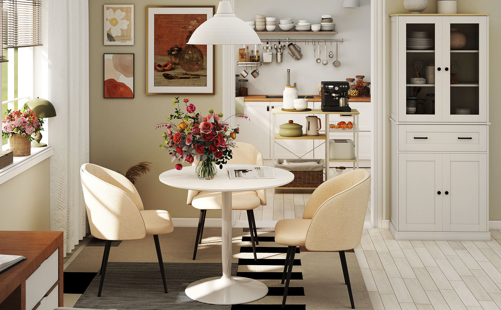 Modern kitchen with white dining table and chairs, kitchen counter, and cabinets.
