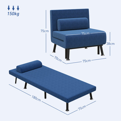 Sleeper Armchair, Folding Armchair with Bed Function, Back Cushion, Foldable Recliner in Linen Look, Adjustable Backrest, Holds up to 150 kg, for Living Room, Blue