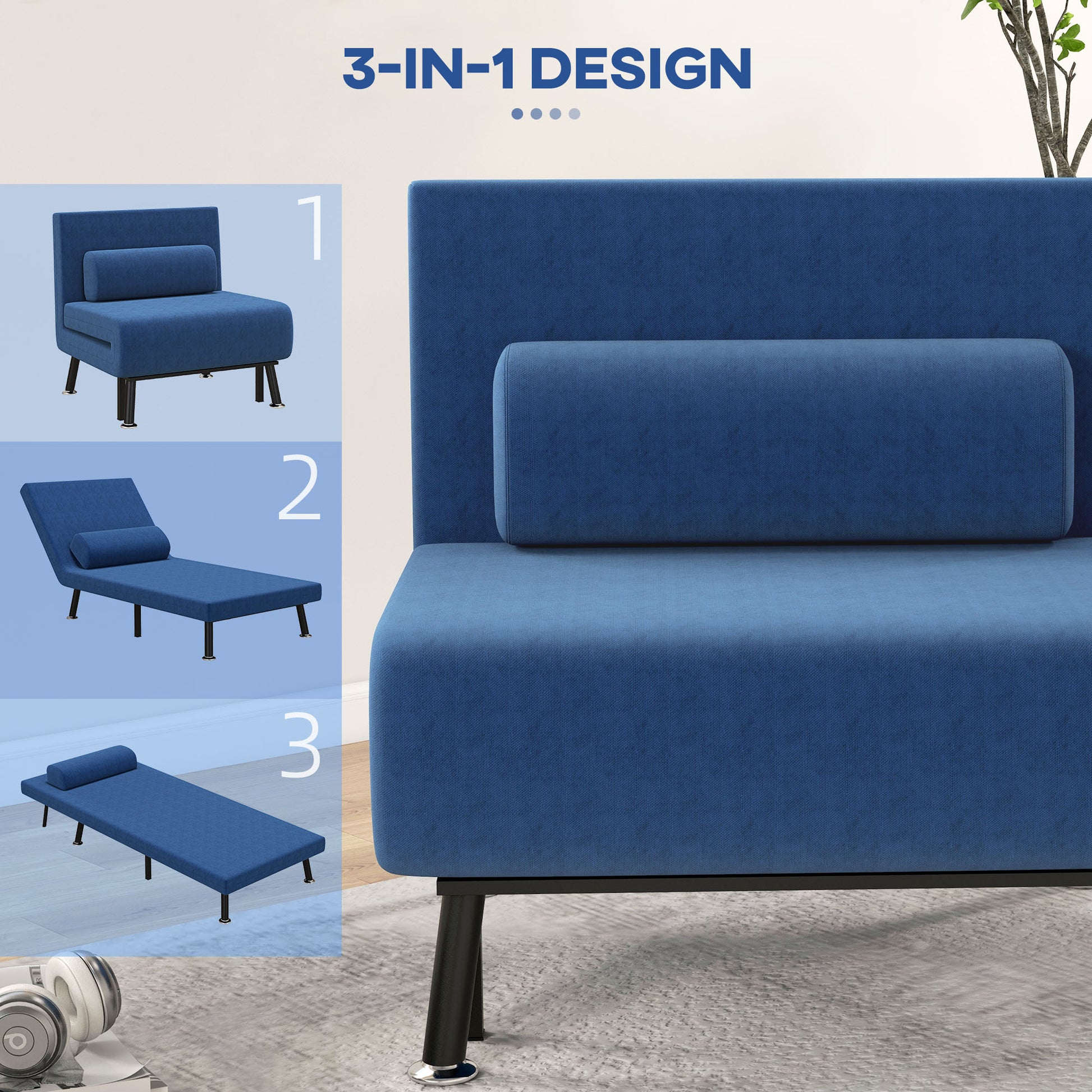 Sleeper Armchair, Folding Armchair with Bed Function, Back Cushion, Foldable Recliner in Linen Look, Adjustable Backrest, Holds up to 150 kg, for Living Room, Blue