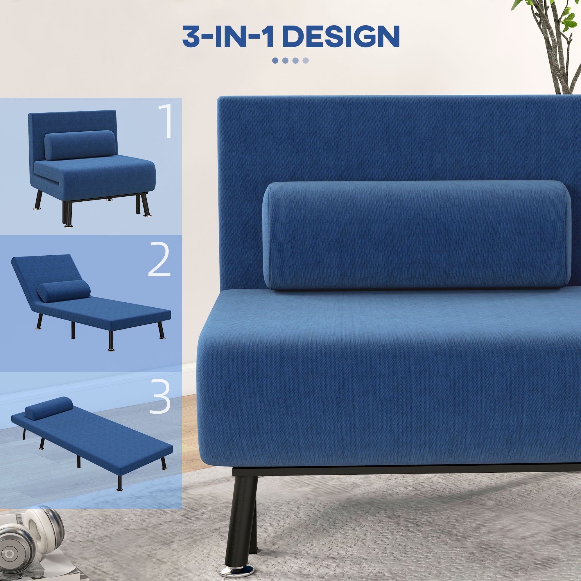 Sleeper Armchair, Folding Armchair with Bed Function, Back Cushion, Foldable Recliner in Linen Look, Adjustable Backrest, Holds up to 150 kg, for Living Room, Blue