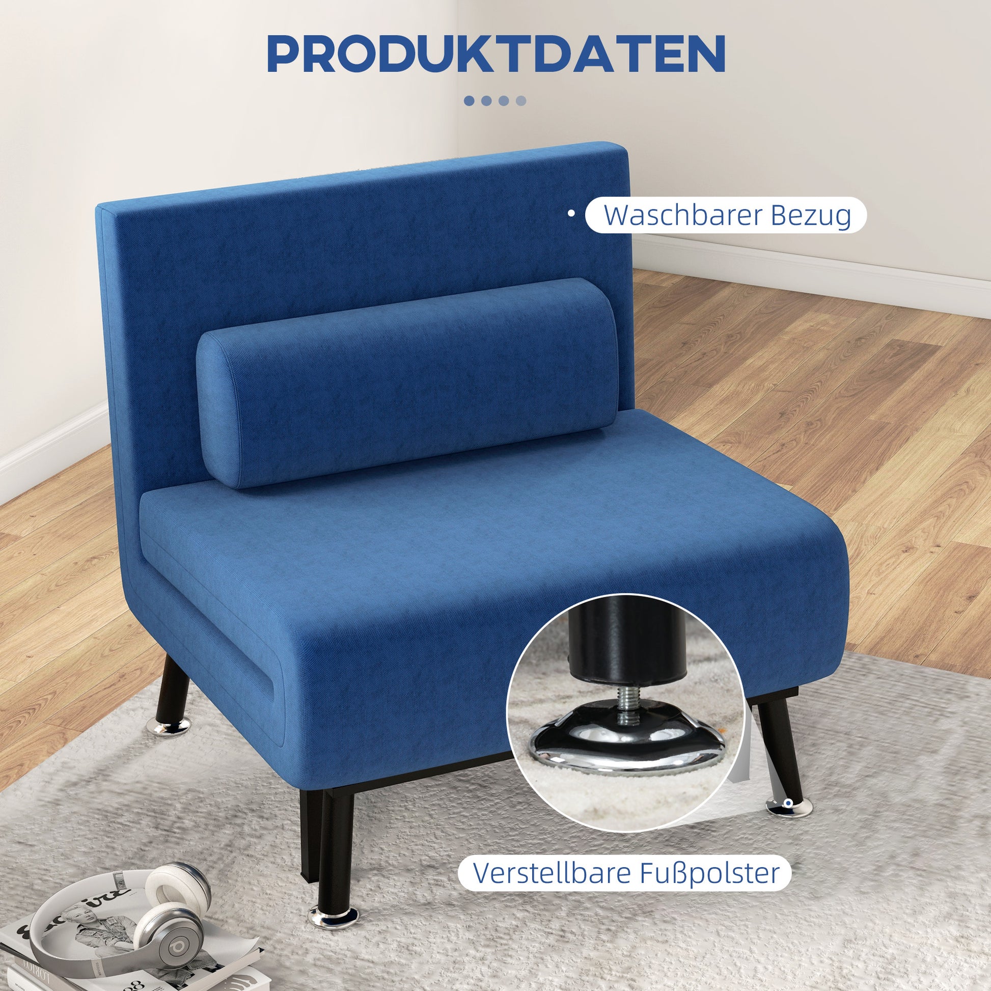 Sleeper Armchair, Folding Armchair with Bed Function, Back Cushion, Foldable Recliner in Linen Look, Adjustable Backrest, Holds up to 150 kg, for Living Room, Blue