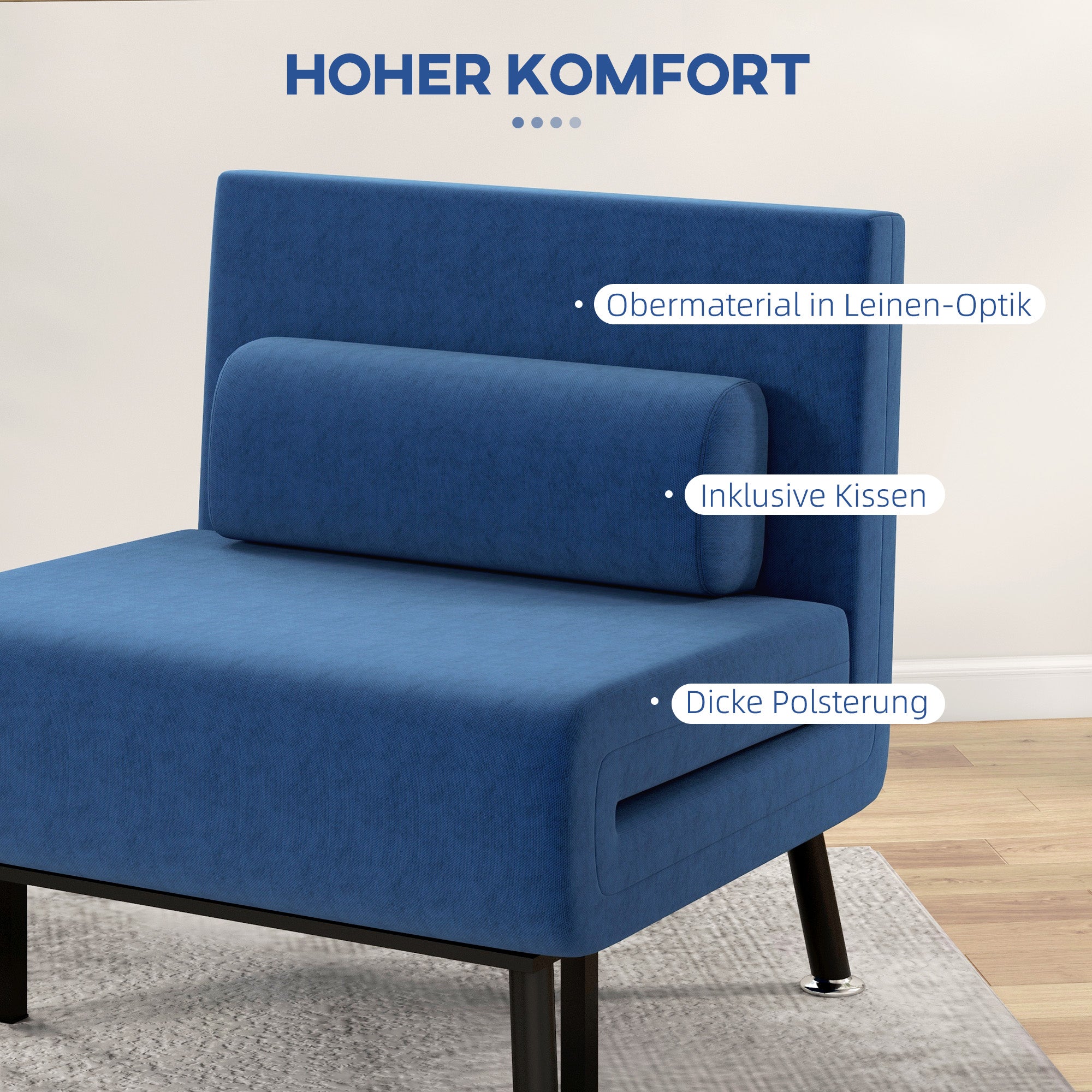 Sleeper Armchair, Folding Armchair with Bed Function, Back Cushion, Foldable Recliner in Linen Look, Adjustable Backrest, Holds up to 150 kg, for Living Room, Blue