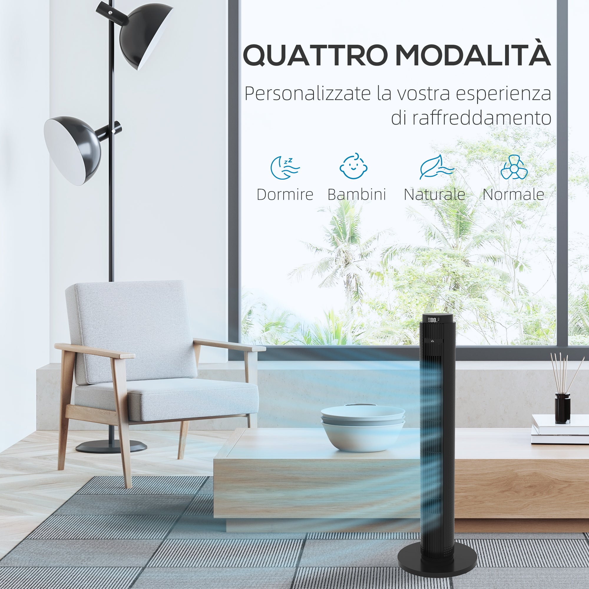 45W Tower Fan with 4 Modes and 3 Speeds with 12h Timer, ABS Tower Fan with Remote Control, Ø31.5x96 cm, Black