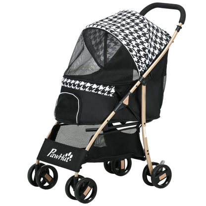 Folding Dog Stroller Pet Carriage with 2 Doors Mesh Window Storage Basket Safety Leash and Cushion Load 15 kg 80x44.5x97 cm Black