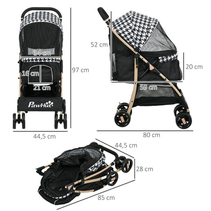 Folding Dog Stroller Pet Carriage with 2 Doors Mesh Window Storage Basket Safety Leash and Cushion Load 15 kg 80x44.5x97 cm Black
