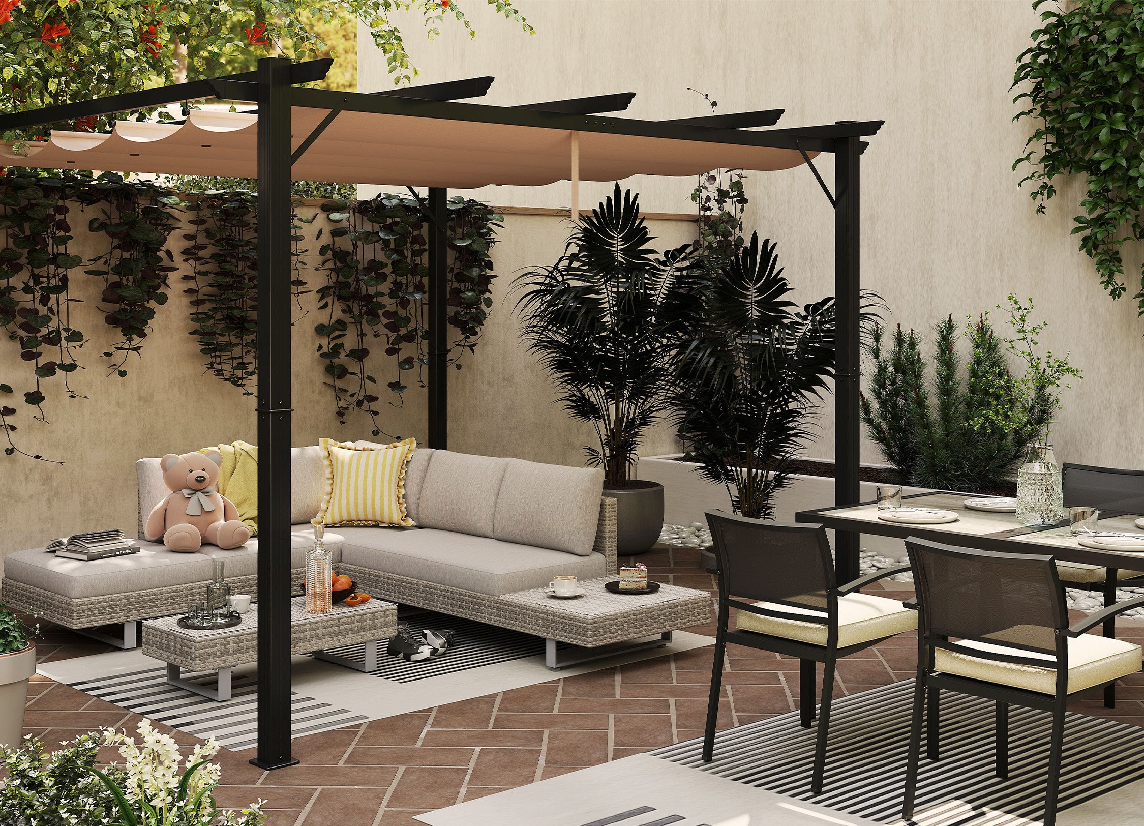 Outdoor patio area with pergola, sofa set, and dining table.