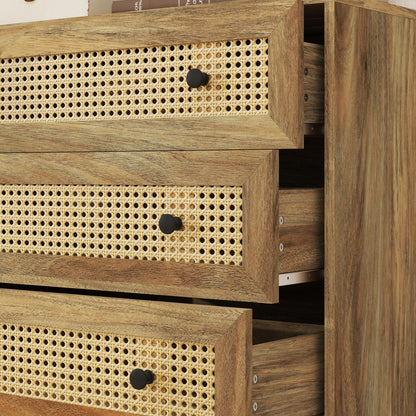 3-Drawer Chest Storage Cabinet with Rattan Cane 80 x 35 x 76 cm Light Wood Look