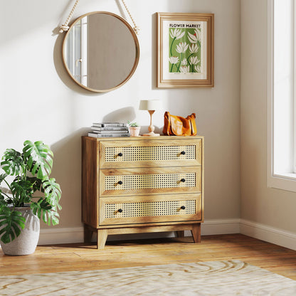 3-Drawer Chest Storage Cabinet with Rattan Cane 80 x 35 x 76 cm Light Wood Look