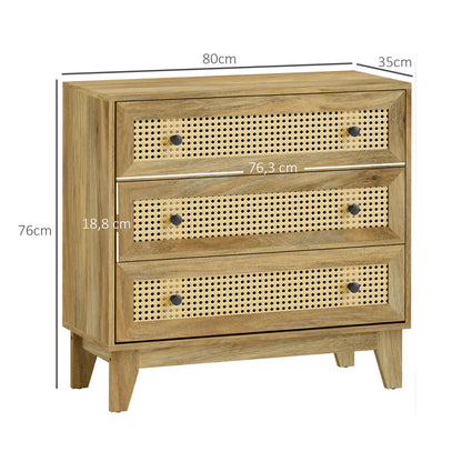 3-Drawer Chest Storage Cabinet with Rattan Cane 80 x 35 x 76 cm Light Wood Look