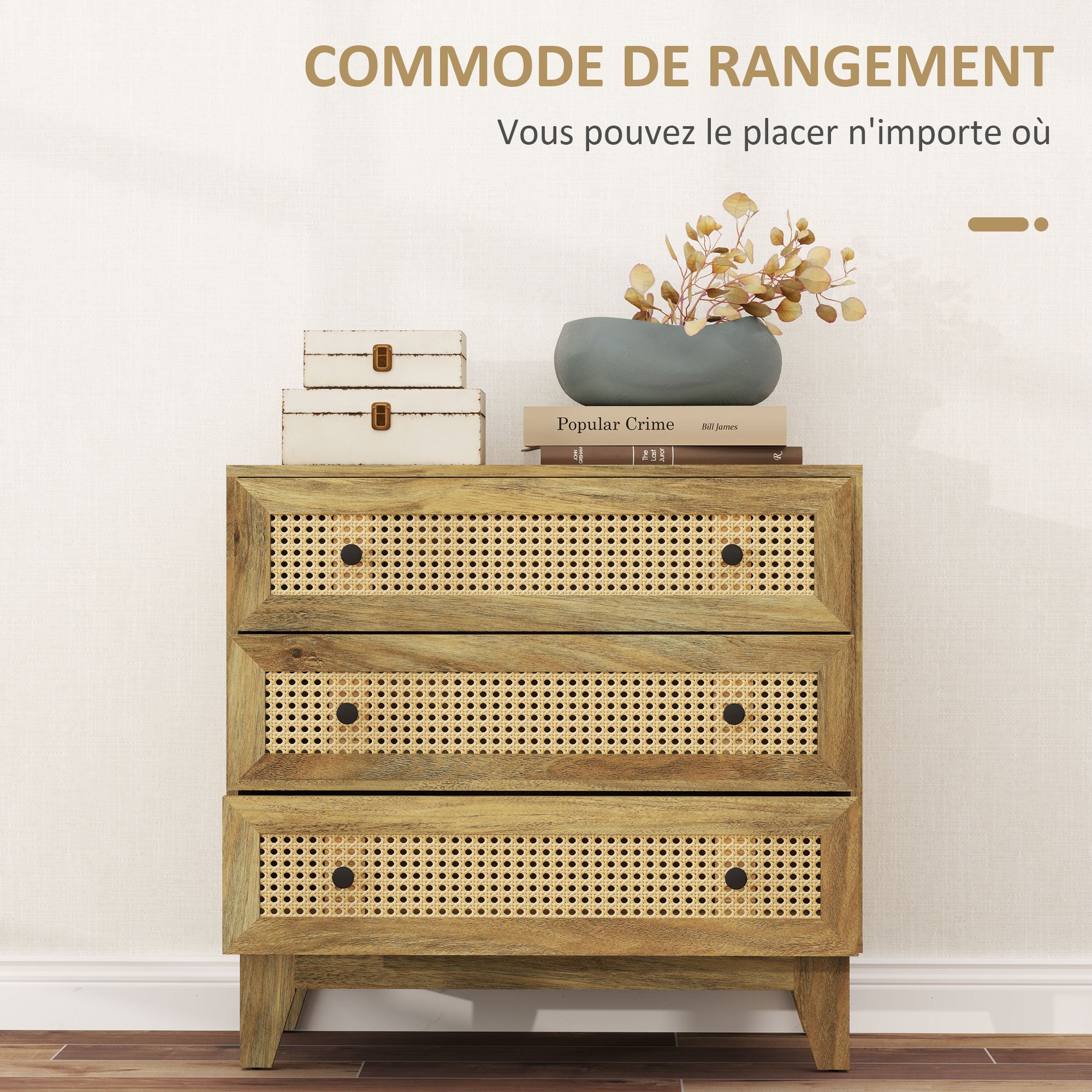 3-Drawer Chest Storage Cabinet with Rattan Cane 80 x 35 x 76 cm Light Wood Look