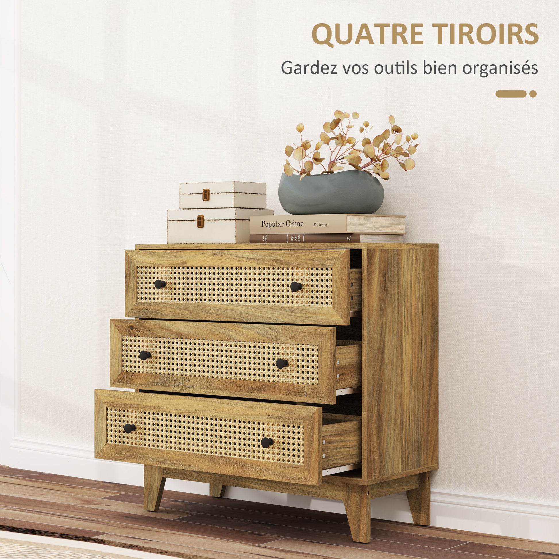 3-Drawer Chest Storage Cabinet with Rattan Cane 80 x 35 x 76 cm Light Wood Look