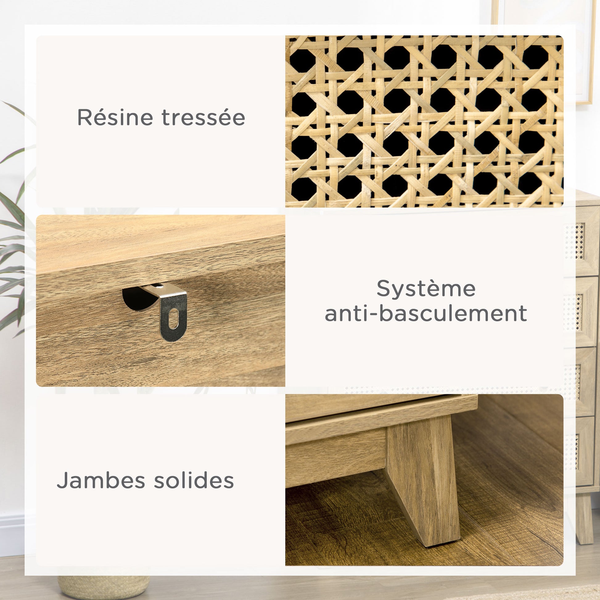 3-Drawer Chest Storage Cabinet with Rattan Cane 80 x 35 x 76 cm Light Wood Look