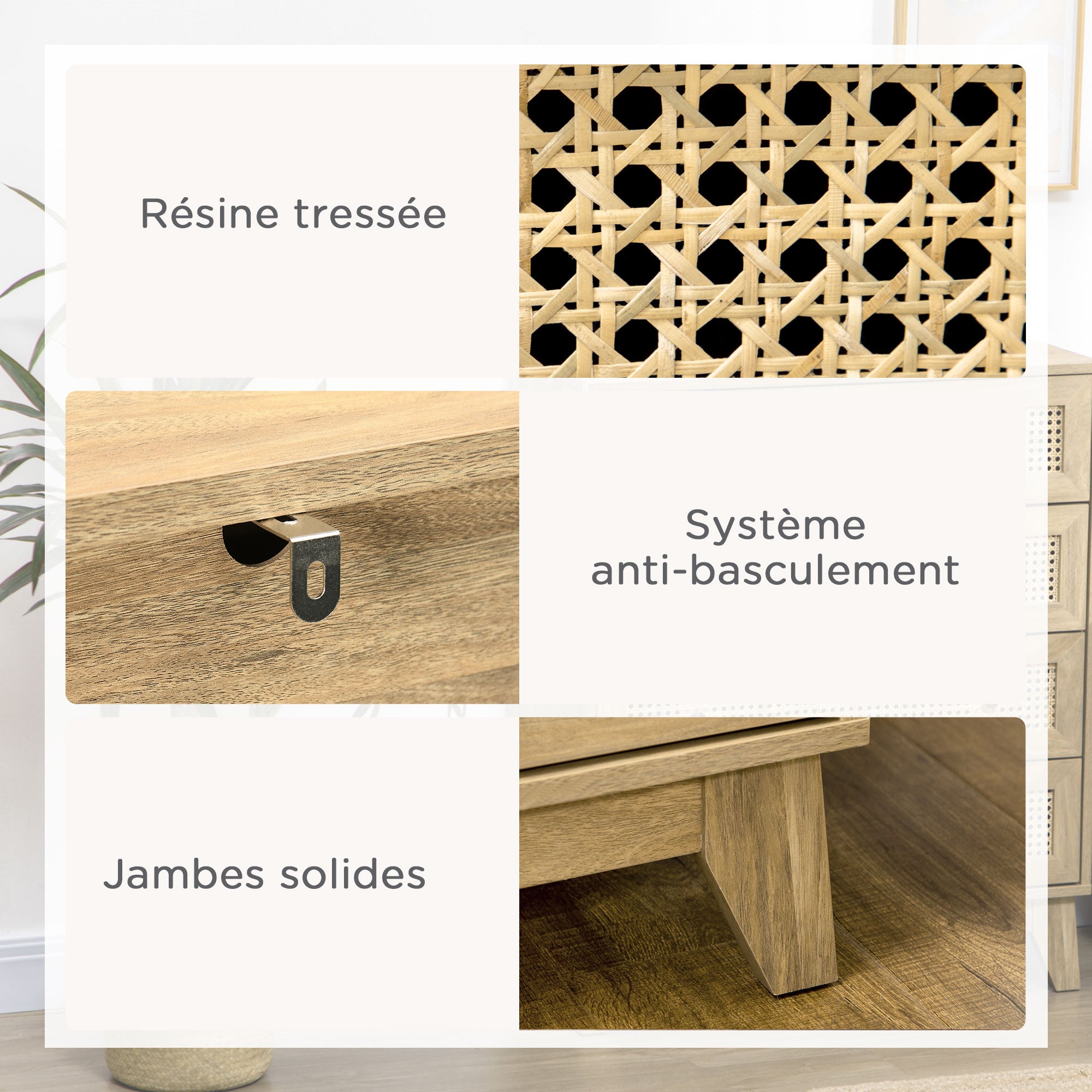 3-Drawer Chest Storage Cabinet with Rattan Cane 80 x 35 x 76 cm Light Wood Look