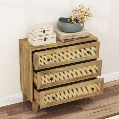 3-Drawer Chest Storage Cabinet with Rattan Cane 80 x 35 x 76 cm Light Wood Look