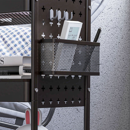 Trolley Cart, Serving Cart with 3 Shelves, 2 Hanging Baskets, Storage Cart with Handle, Kitchen Cart, Side Cart for Kitchen, Living Room, Steel, Black