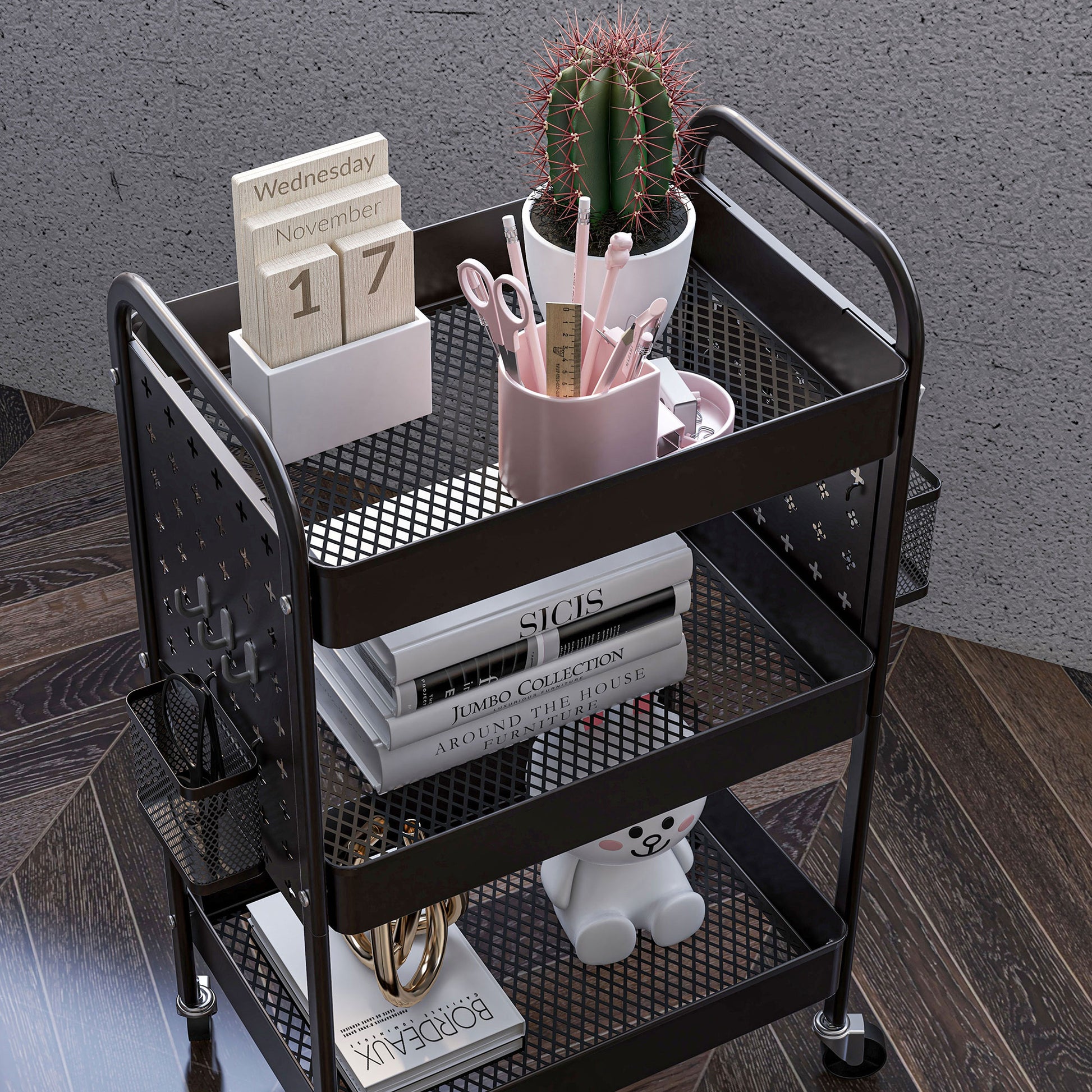 Trolley Cart, Serving Cart with 3 Shelves, 2 Hanging Baskets, Storage Cart with Handle, Kitchen Cart, Side Cart for Kitchen, Living Room, Steel, Black