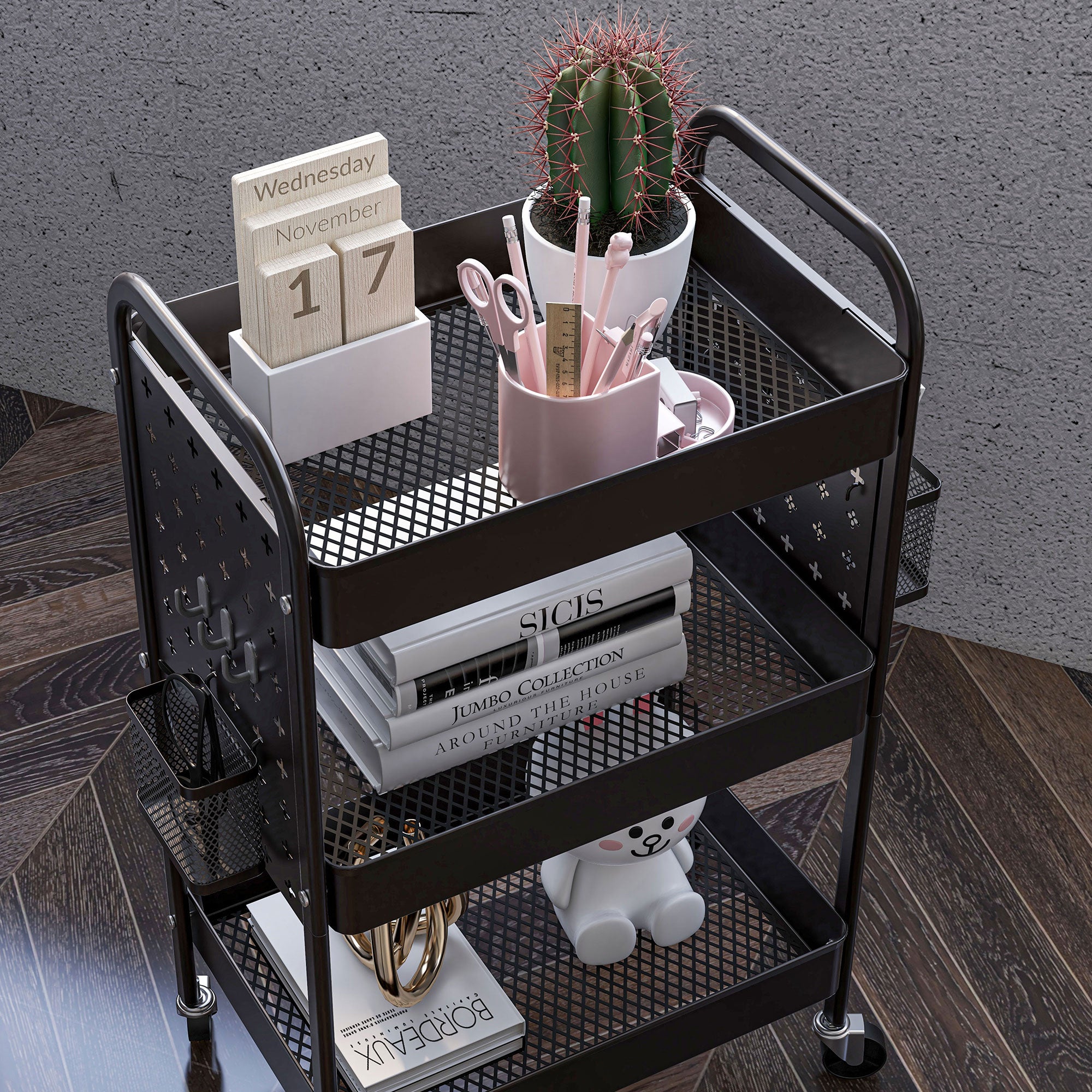 Trolley Cart, Serving Cart with 3 Shelves, 2 Hanging Baskets, Storage Cart with Handle, Kitchen Cart, Side Cart for Kitchen, Living Room, Steel, Black